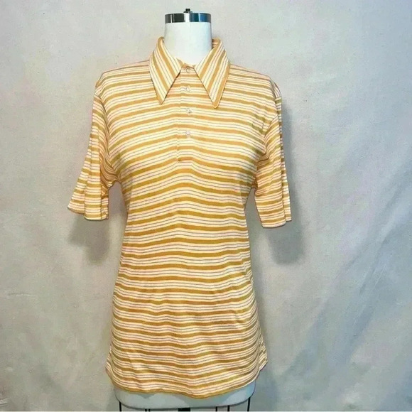 Vintage | Striped 70s Wide Collar Polo - Goldenrod & White / Sz M - Picture 3 of 9